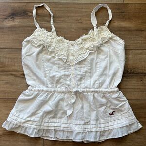 Vintage Y2K Hollister Cream Lace Peplum Cami with Tie Waist Beaded Small